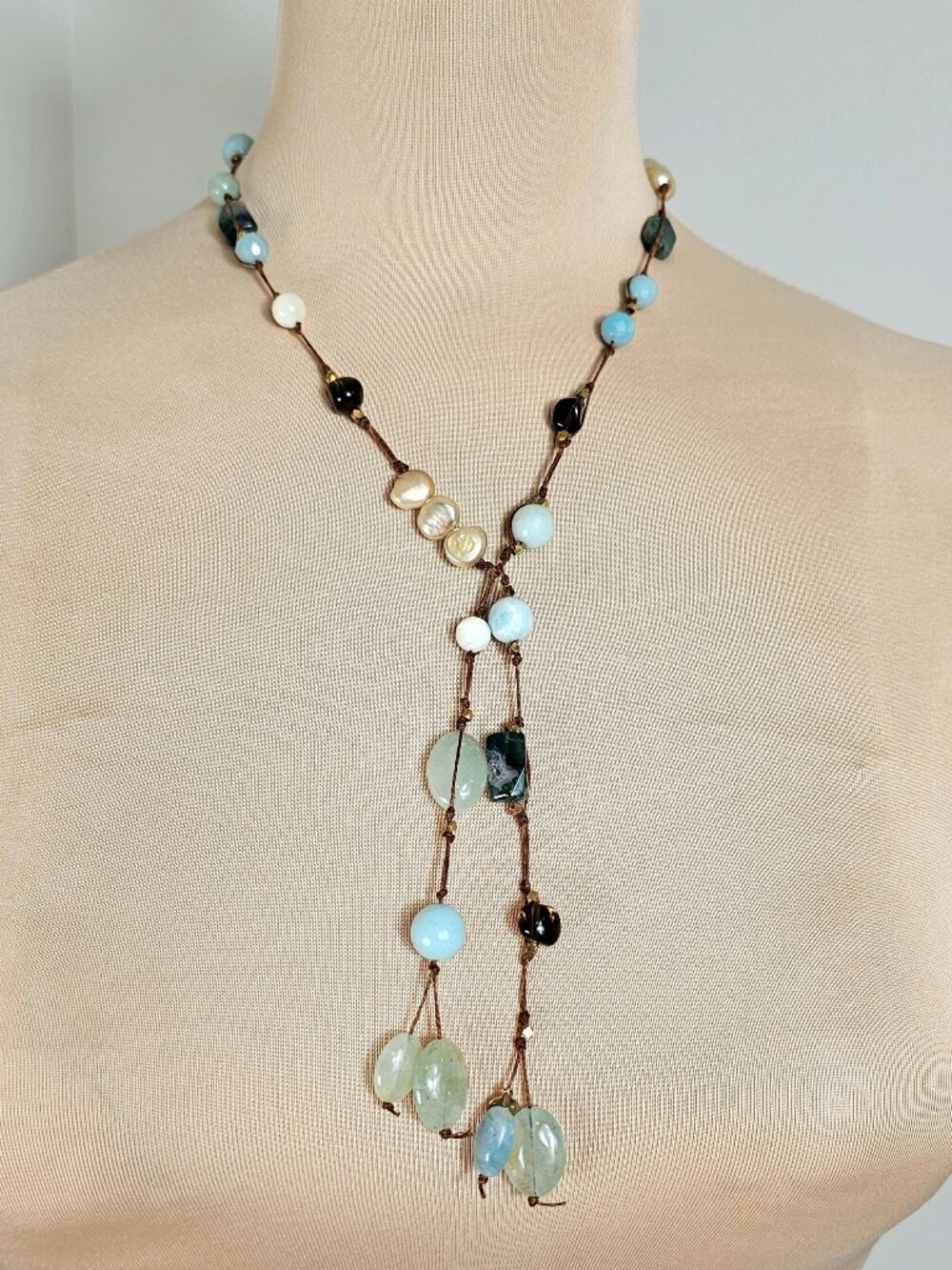 IN2 Design Semi Precious Stone Lariat Necklace Labradorite Freshwater Pearl Agat
